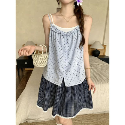Set: Solid Camisole and Polka Dot Ruffle Camisole Top