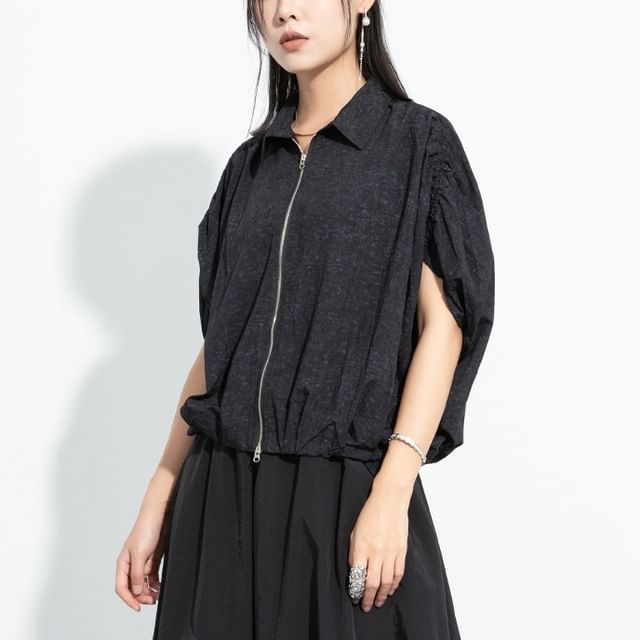Dye Drawstring Zip Top with Batwing Sleeves