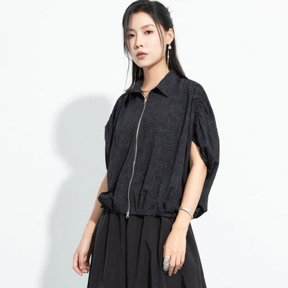 Dye Drawstring Zip Top with Batwing Sleeves