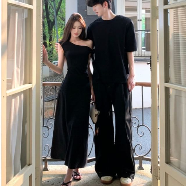 Matching Crew Neck T-Shirt and One-Shoulder Dress Set