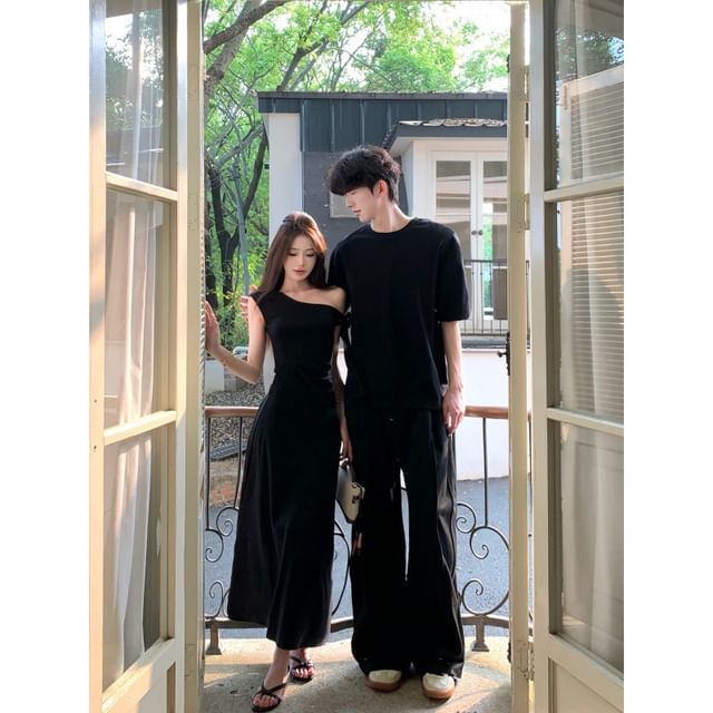Matching Crew Neck T-Shirt and One-Shoulder Dress Set