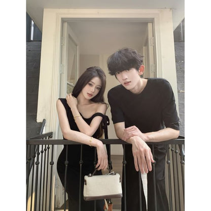 Matching Crew Neck T-Shirt and One-Shoulder Dress Set