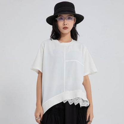 Round Neck Short Sleeve Asymmetric Panel Lace T-Shirt