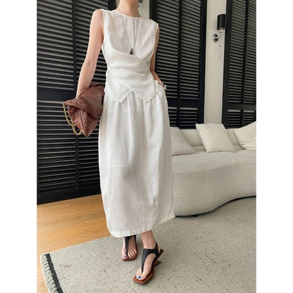 Crew Neck Sleeveless Solid Wrap Top and Midi A-Line Skirt Set