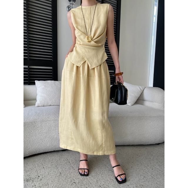 Crew Neck Sleeveless Solid Wrap Top and Midi A-Line Skirt Set