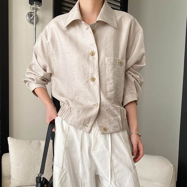 Collared Plain Button-Up Shirt Jacket