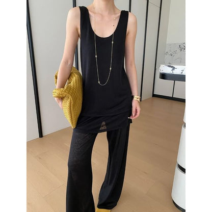 Set: Sleeveless Scoop Neck Knit Top + Flared Mid Rise Pants
