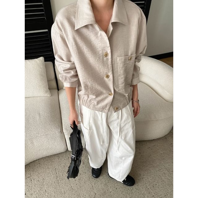 Collared Plain Button-Up Shirt Jacket