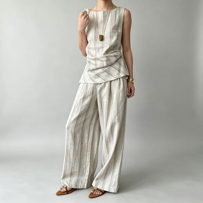 Scoop Neck Sleeveless Striped Top with Drawstring Wide Leg Pants