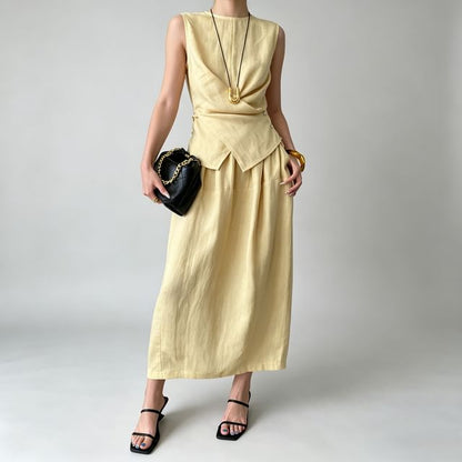 Crew Neck Sleeveless Solid Wrap Top and Midi A-Line Skirt Set