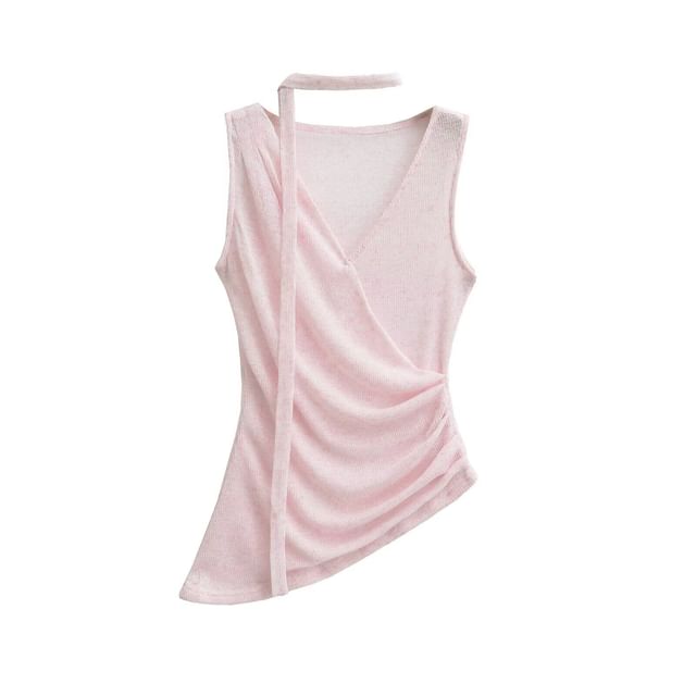 V-Neck Sleeveless Ruched Top with Sash