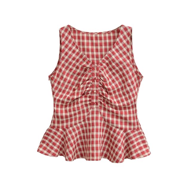 V-Neck Sleeveless Plaid Ruched Ruffle Trim Blouse