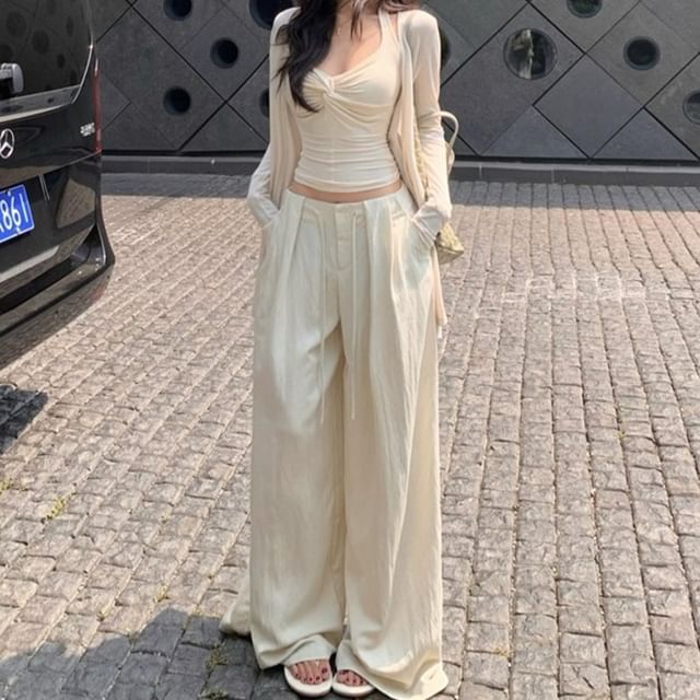 Halter V-Neck Ruched Open Back Crop Top with Wide Leg Pants and Cardigan Set