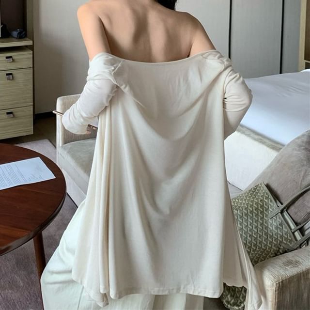 Halter V-Neck Ruched Open Back Crop Top with Wide Leg Pants and Cardigan Set