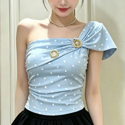 Polka Dot Ruched One-Shoulder Crop Tee