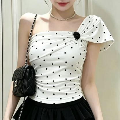 Polka Dot Ruched One-Shoulder Crop Tee