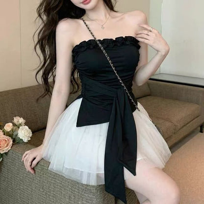Frill Trim Ruched Tube Top