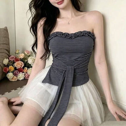 Frill Trim Ruched Tube Top