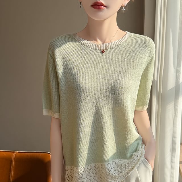 Two Tone Pointelle Knit Top