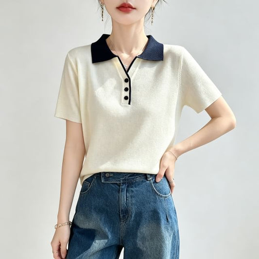 Two Tone Button Knit Top
