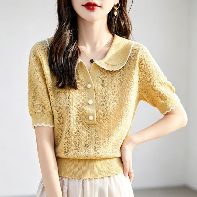Cable Knit Top with Contrast Trim and Pearl Buttons