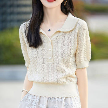 Cable Knit Top with Contrast Trim and Pearl Buttons