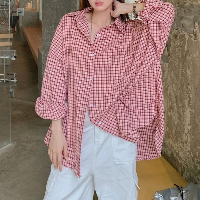 Plaid Button-Down Shirt with Long Sleeves