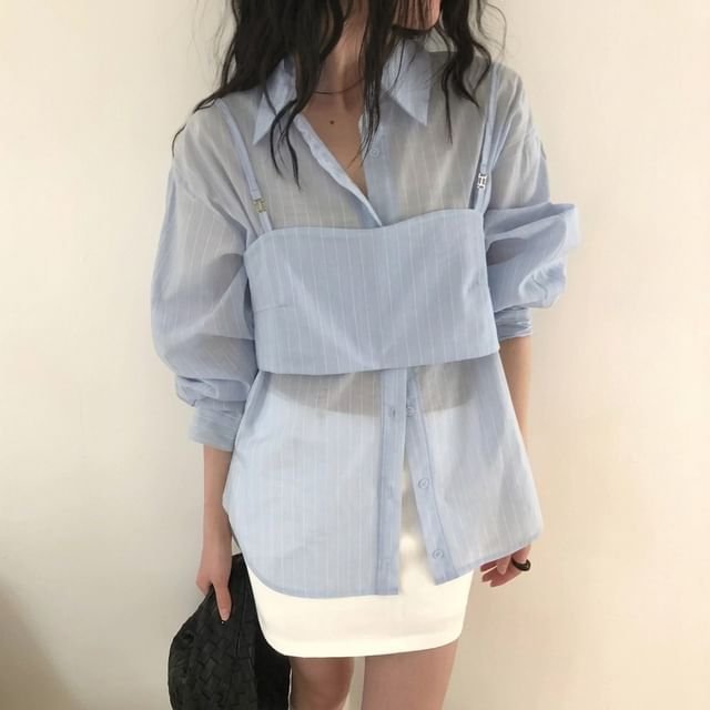Two-Piece Set: Pinstripe Shirt and Crop Camisole