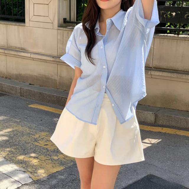 Striped Sheer Button-Up Elbow-Sleeve Shirt