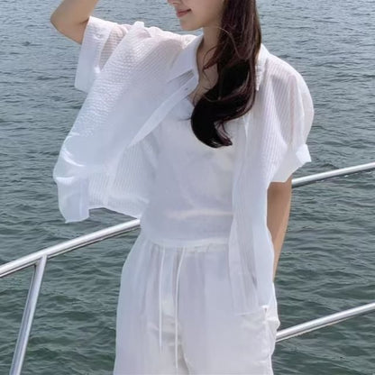 Striped Sheer Button-Up Elbow-Sleeve Shirt