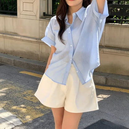 Striped Sheer Button-Up Elbow-Sleeve Shirt
