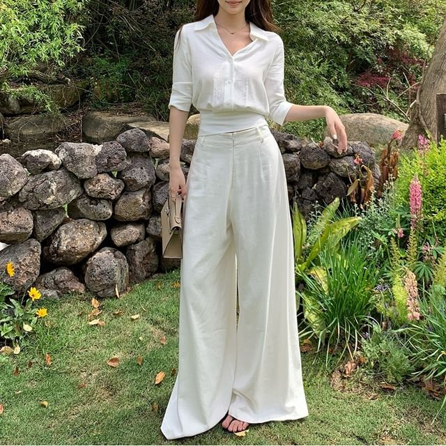 V-Neck Collared Crop Blouse with Tie Back and Wide Leg Pants