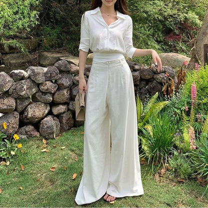 V-Neck Collared Crop Blouse with Tie Back and Wide Leg Pants