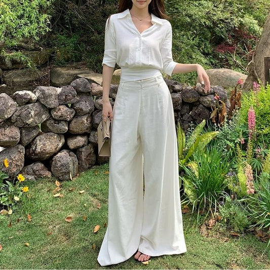 V-Neck Collared Crop Blouse with Tie Back and Wide Leg Pants