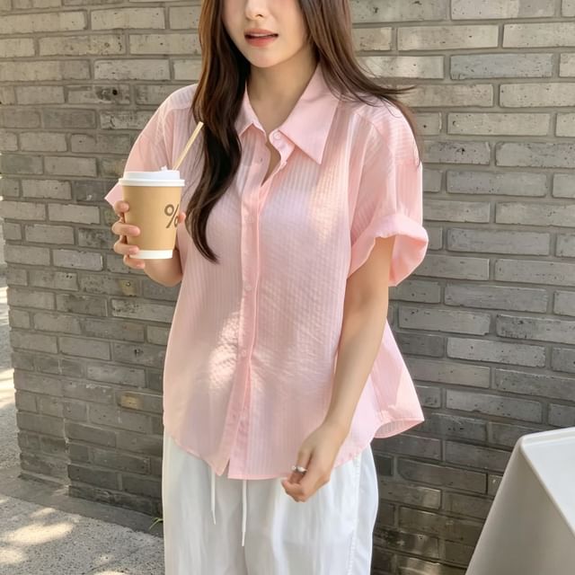 Striped Sheer Button-Up Elbow-Sleeve Shirt