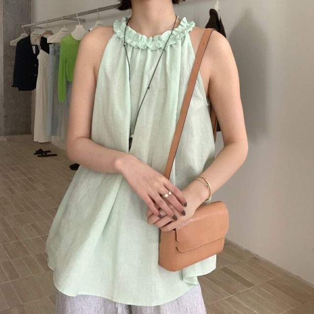 Frill Trim Halter Neck Solid Top