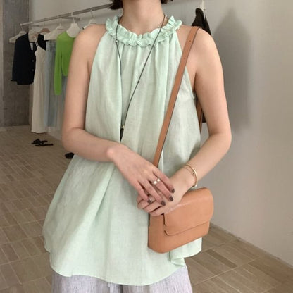 Frill Trim Halter Neck Solid Top