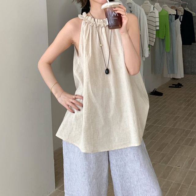 Frill Trim Halter Neck Solid Top