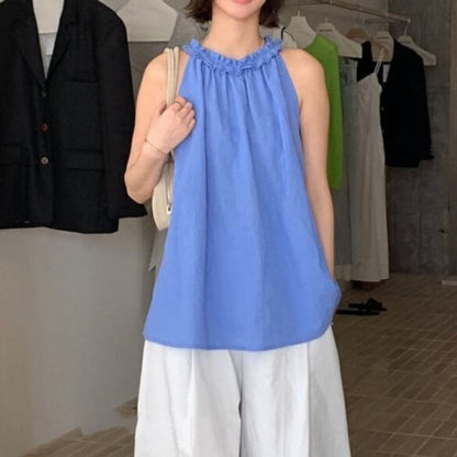 Frill Trim Halter Neck Solid Top