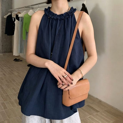 Frill Trim Halter Neck Solid Top