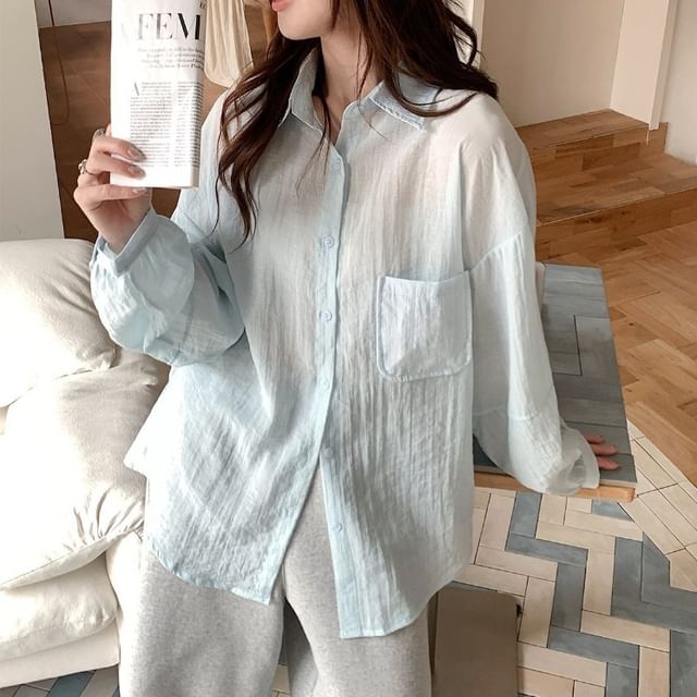 Sheer Button-Up Long-Sleeve Shirt