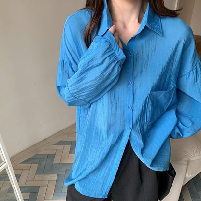 Sheer Button-Up Long-Sleeve Shirt