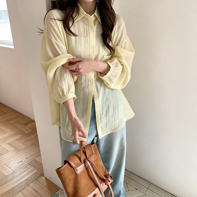 Sheer Button-Up Long-Sleeve Shirt