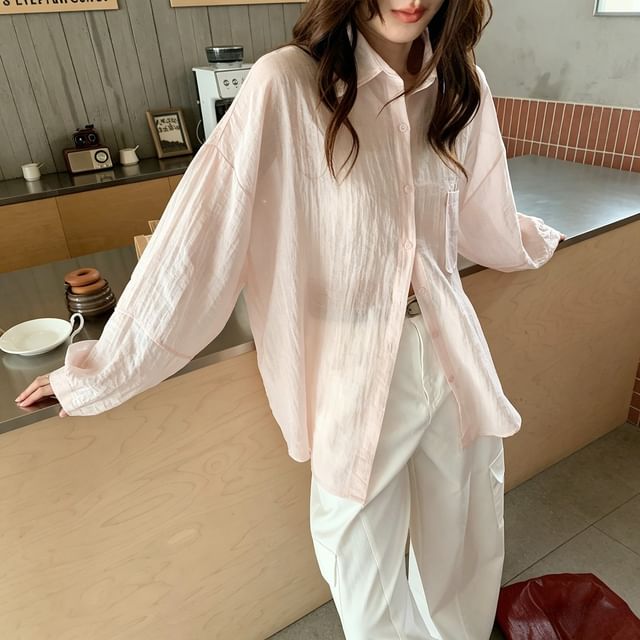 Sheer Button-Up Long-Sleeve Shirt
