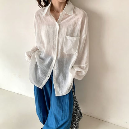 Sheer Button-Up Long-Sleeve Shirt