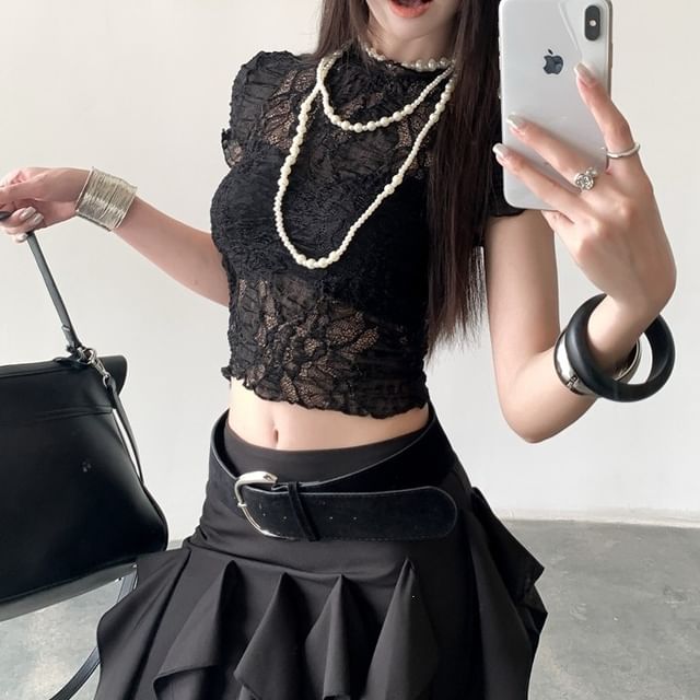 Sheer Lace Crew Neck Crop Top with Short Sleeves