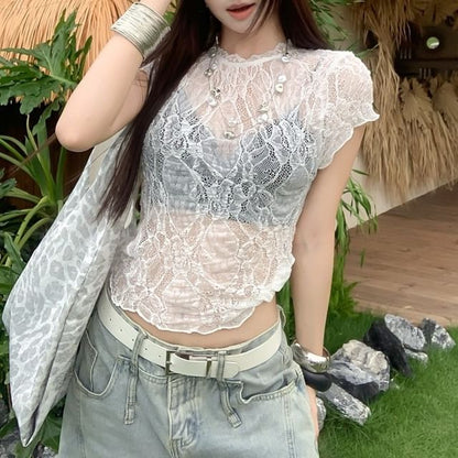 Sheer Lace Crew Neck Crop Top with Short Sleeves