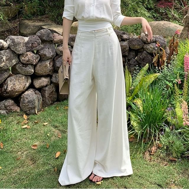 V-Neck Collared Crop Blouse with Tie Back and Wide Leg Pants