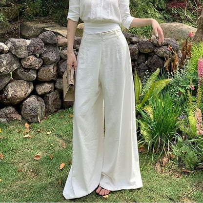 V-Neck Collared Crop Blouse with Tie Back and Wide Leg Pants
