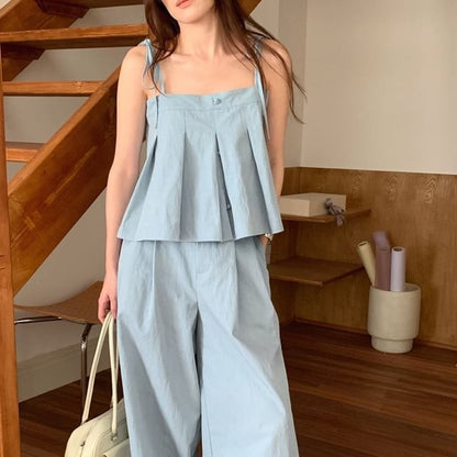 Two-Piece Set: Pleated Crop Camisole and Wide Leg Pants